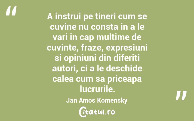 A instrui pe tineri cum se cuvine nu consta in a le vari in cap multime de cuvinte, fraze, expresiuni si opiniuni din diferiti autori, ci a le deschide calea cum sa priceapa lucrurile. Jan Amos Komensky