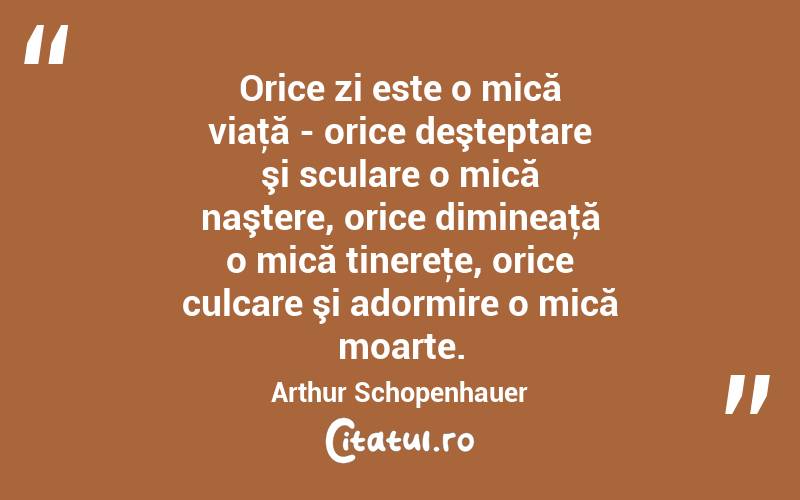 Orice zi este o mică viaţă - orice deşteptare şi sculare o mică naştere, orice dimineaţă o mică tinereţe, orice culcare şi adormire o mică moarte. Arthur Schopenhauer
