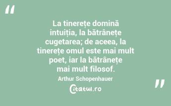 La tinereţe domină intuiţia, la bătrâneţe cugetarea; de aceea, la tinereţe omul este mai mult poet, iar la bătrâneţe mai mult filosof. Arthur Schopenhauer...