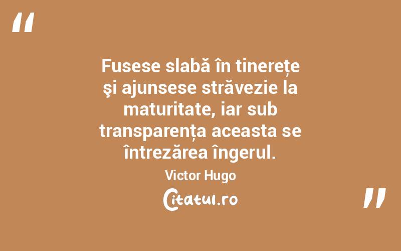 Fusese slabă în tinereţe şi ajunsese străvezie la maturitate, iar sub transparenţa aceasta se întrezărea îngerul. Victor Hugo
