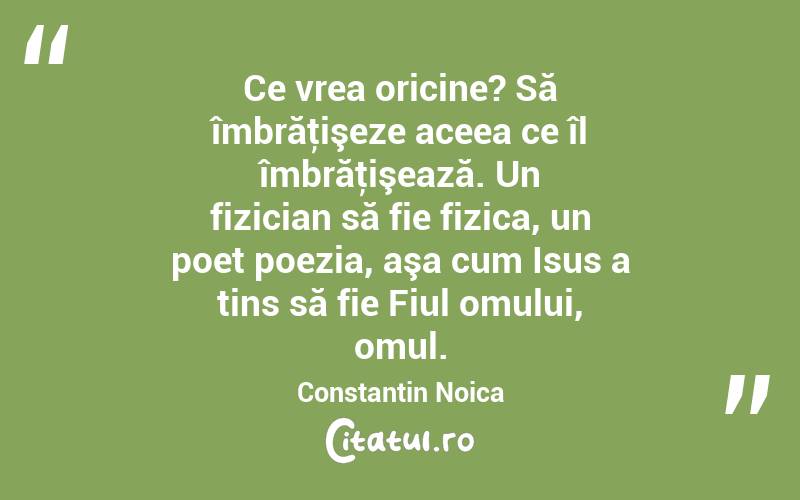 Ce vrea oricine? Să îmbrăţişeze aceea ce îl îmbrăţişează. Un fizician să fie fizica, un poet poezia, aşa cum Isus a tins să fie Fiul omului, omul. Constantin Noica
