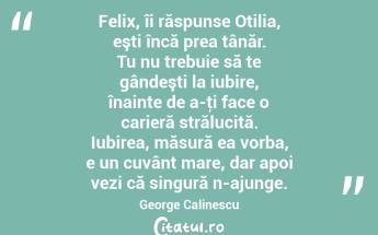 Felix, îi răspunse Otilia, eşti încă prea tânăr. Tu nu trebuie să te gândeşti la iubire, înainte de a-ţi face o carieră strălucită. Iubirea, măsură ea vorba, e un cuvânt mare, dar apoi vezi că singură n-ajunge. George Calinescu...
