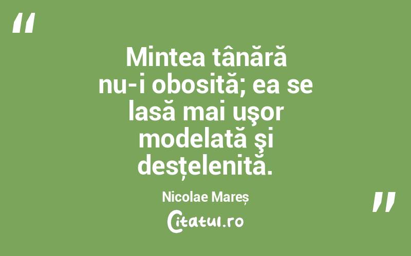 Mintea tânără nu-i obosită; ea se lasă mai uşor modelată şi desţelenită. Nicolae Mareș
