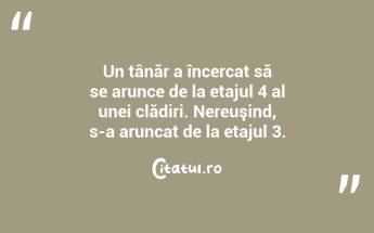 Un tânăr a încercat să se arunce de la etajul 4 al unei clădiri. Nereuşind, s-a aruncat de la etajul 3. ...