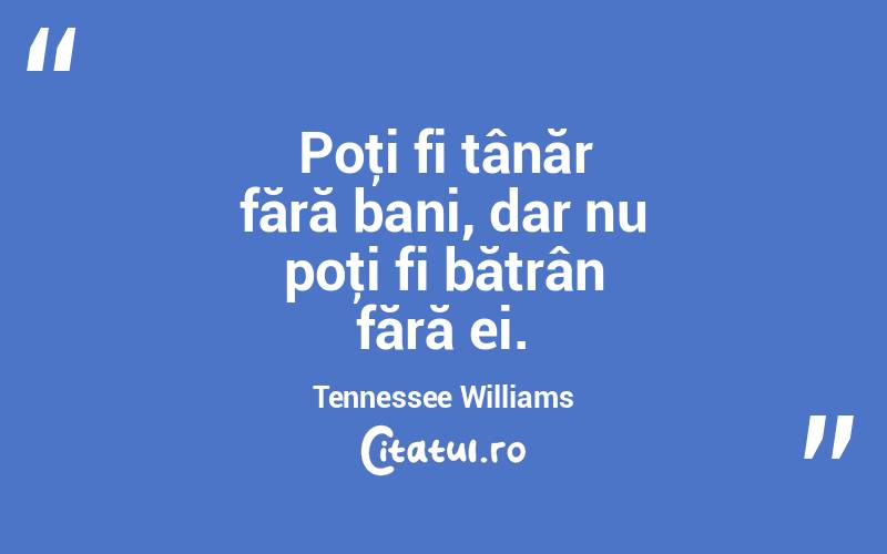 Poţi fi tânăr fără bani, dar nu poţi fi bătrân fără ei. Tennessee Williams
