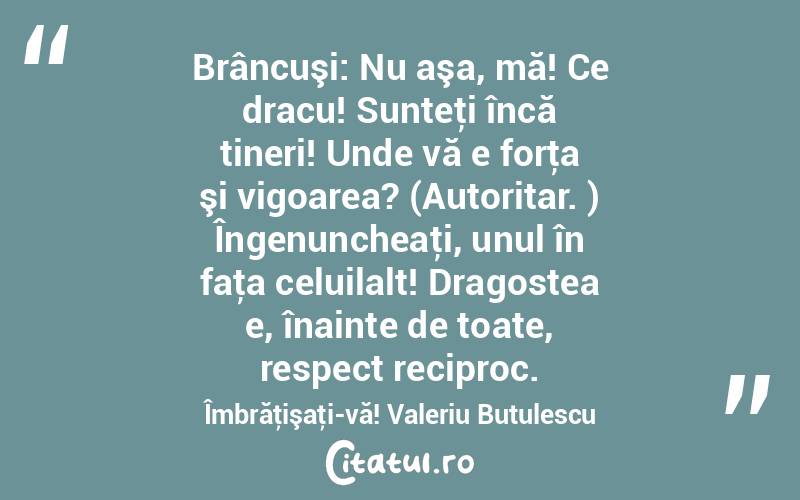 Brâncuşi: Nu aşa, mă! Ce dracu! Sunteţi încă tineri! Unde vă e forţa şi vigoarea? (Autoritar. ) Îngenuncheaţi, unul în faţa celuilalt! Dragostea e, înainte de toate, respect reciproc. Îmbrăţişaţi-vă! Valeriu Butulescu
