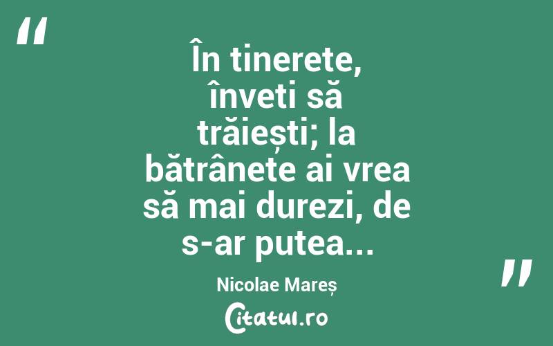 În tinerețe, înveți să trăiești; la bătrânețe ai vrea să mai durezi, de s-ar putea... Nicolae Mareș
