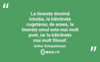  La tinereţe domină intuiţia, la bătrâneţe cugetarea; de aceea, la tinereţe omul este mai mult poet, iar la bătrâneţe mai mult filosof. Arthur Schopenhauer...