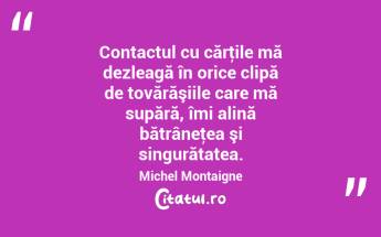 Contactul cu cărţile mă dezleagă în orice clipă de tovărăşiile care mă supără, îmi alină bătrâneţea şi singurătatea. Michel Montaigne...