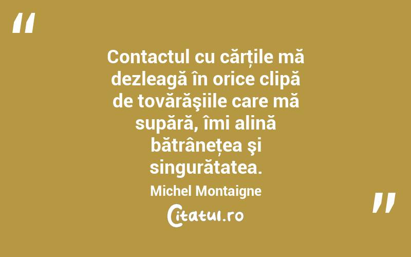 Contactul cu cărţile mă dezleagă în orice clipă de tovărăşiile care mă supără, îmi alină bătrâneţea şi singurătatea. Michel Montaigne