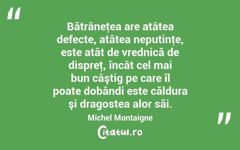 Bătrâneţea are atâtea defecte, atâtea neputinţe, este atât de vrednică de dispreţ, încât cel mai bun câştig pe care îl poate dobândi este căldura şi dragostea alor săi. Michel Montaigne
