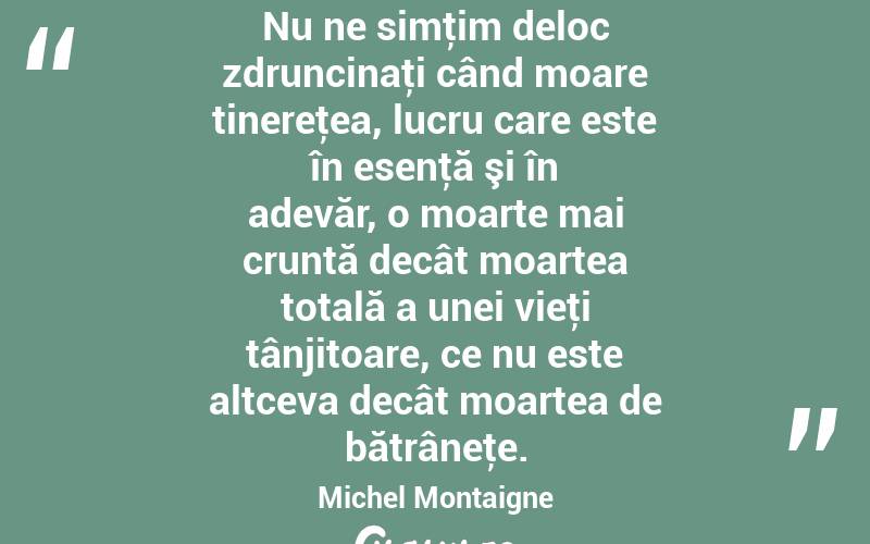 Nu ne simţim deloc zdruncinaţi când moare tinereţea, lucru care este în esenţă şi în adevăr, o moarte mai cruntă decât moartea totală a unei vieţi tânjitoare, ce nu este altceva decât moartea de bătrâneţe. Michel Montaigne
