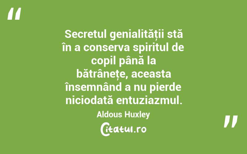 Secretul genialităţii stă în a conserva spiritul de copil până la bătrâneţe, aceasta însemnând a nu pierde niciodată entuziazmul. Aldous Huxley
