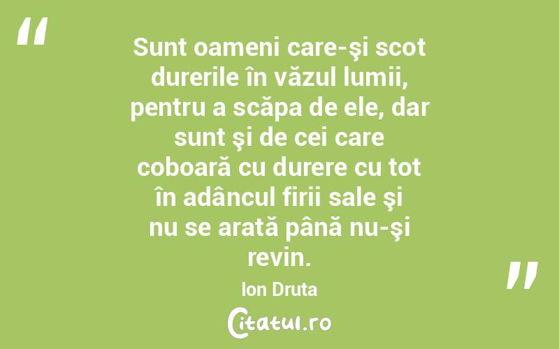 Sunt oameni care-şi scot durerile în văzul lumii, pentru a scăpa de ele, dar sunt şi de cei care coboară cu durere cu tot în adâncul firii sale şi nu se arată până nu-şi revin. Ion Druta
