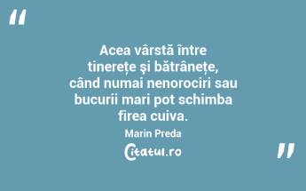 Acea vârstă între tinereţe şi bătrâneţe, când numai nenorociri sau bucurii mari pot schimba firea cuiva. Marin Preda...