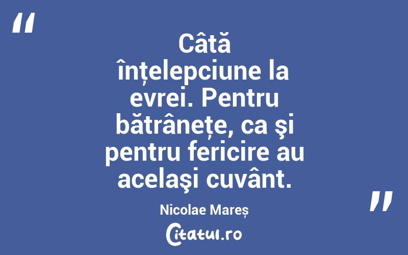 Câtă înţelepciune la evrei. Pentru bătrâneţe, ca şi pentru fericire au acelaşi cuvânt. Nicolae Mareș
