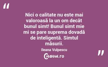 Nici o calitate nu este mai valoroasă la un om decât bunul simț! Bunul simț mie mi se pare suprema dovadă de inteligență. Simțul măsurii. Ileana Vulpescu...
