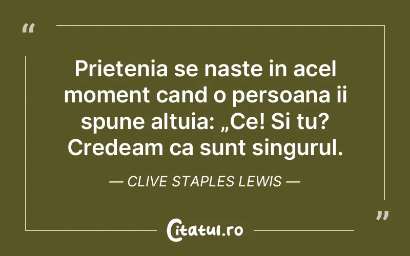 Prietenia se naste in acel moment cand o persoana ii spune altuia: „Ce! Si tu? Credeam ca sunt singurul. Clive Staples Lewis