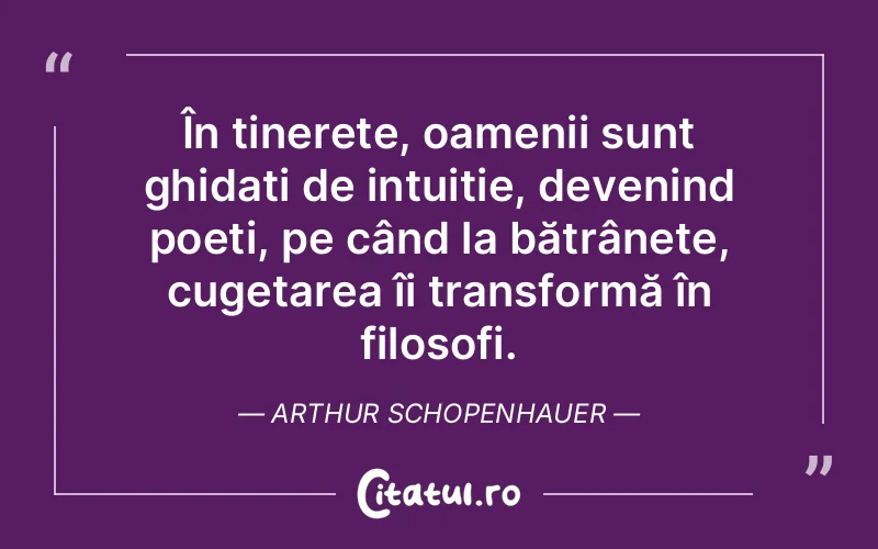 În tinerețe, oamenii sunt ghidați de intuiție, devenind poeți, pe când la bătrânețe, cugetarea îi transformă în filosofi. Arthur Schopenhauer