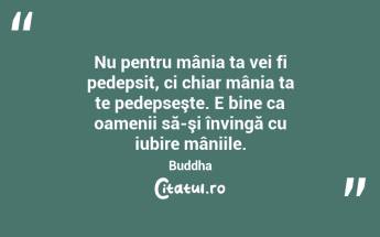 Nu pentru mânia ta vei fi pedepsit, ci chiar mânia ta te pedepseşte. E bine ca oamenii să-şi învingă cu iubire mâniile. Buddha...