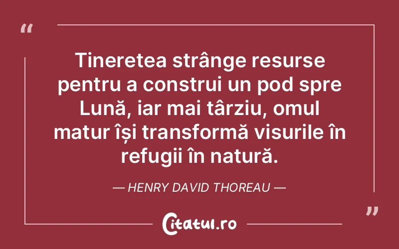Tinerețea strânge resurse pentru a construi un pod spre Lună, iar mai târziu, omul matur își transformă visurile în refugii în natură. Henry David Thoreau