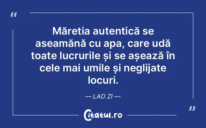 Măreția autentică se aseamănă cu apa, care udă toate lucrurile și se așează în cele mai umile și neglijate locuri. Lao Zi
