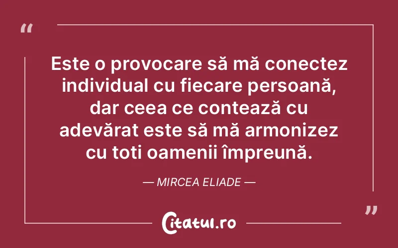 Este o provocare să mă conectez individual cu fiecare persoană, dar ceea ce contează cu adevărat este să mă armonizez cu toți oamenii împreună. Mircea Eliade