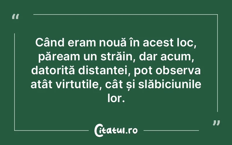 Când eram nouă în acest loc, păream un străin, dar acum, datorită distanței, pot observa atât virtutile, cât și slăbiciunile lor.