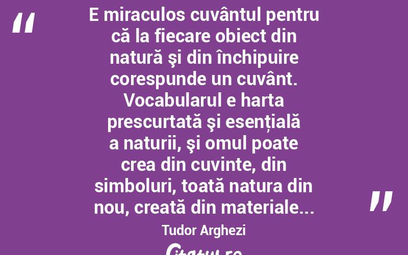  E miraculos cuvântul pentru că la fiecare obiect din natură şi din închipuire corespunde un cuvânt. Vocabularul e harta prescurtată şi esenţială a naturii, şi omul poate crea din cuvinte, din simboluri, toată natura din nou, creată din materiale... Tudor Arghezi

