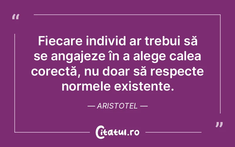 Fiecare individ ar trebui să se angajeze în a alege calea corectă, nu doar să respecte normele existente. Aristotel