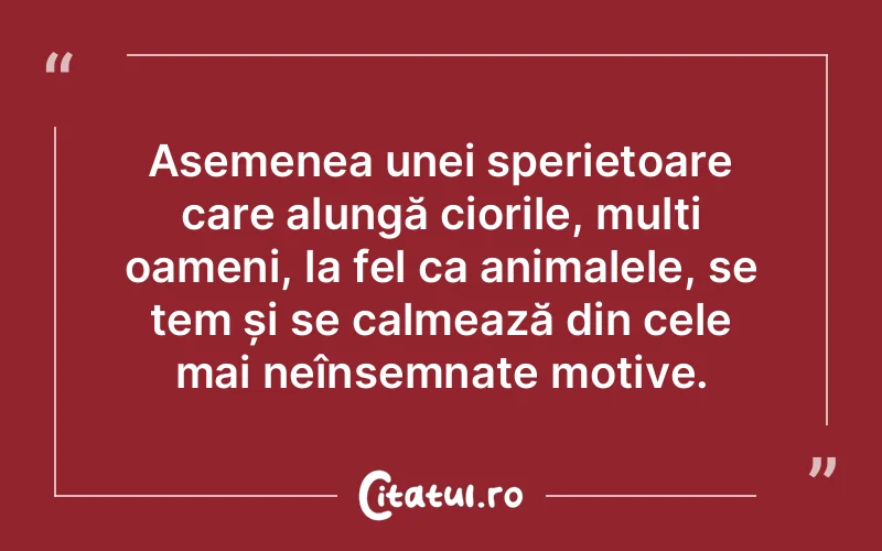 Asemenea unei sperietoare care alungă ciorile, mulți oameni, la fel ca animalele, se tem și se calmează din cele mai neînsemnate motive.