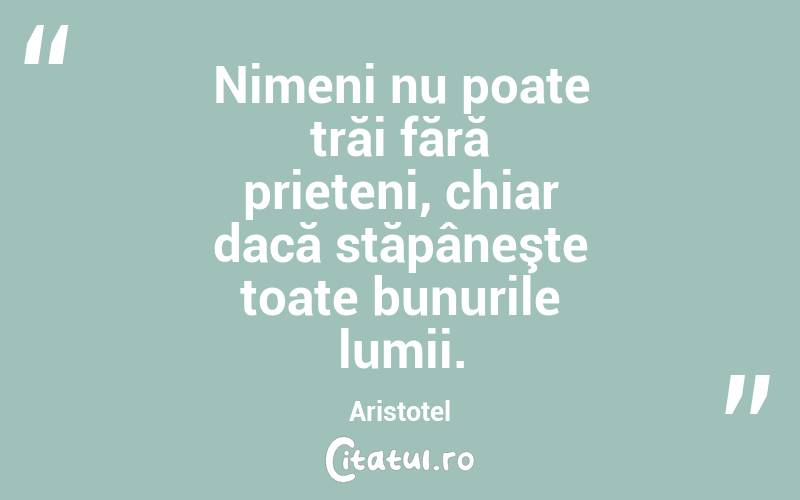  Nimeni nu poate trăi fără prieteni, chiar dacă stăpâneşte toate bunurile lumii. Aristotel
