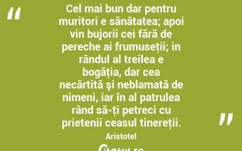 Cel mai bun dar pentru muritori e sănătatea; apoi vin bujorii cei fără de pereche ai frumuseţii; in rândul al treilea e bogăţia, dar cea necârtită şi neblamată de nimeni, iar în al patrulea rând să-ţi petreci cu prietenii ceasul tinereţii. Aristotel...