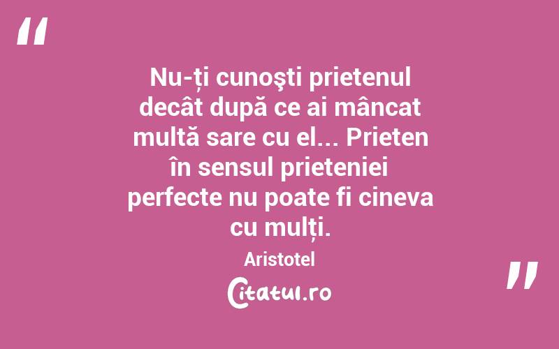 Nu-ţi cunoşti prietenul decât după ce ai mâncat multă sare cu el... Prieten în sensul prieteniei perfecte nu poate fi cineva cu mulţi. Aristotel
