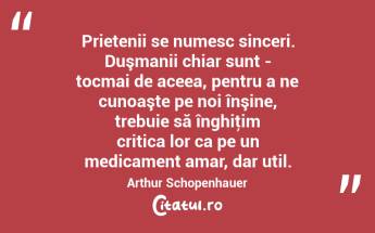 Prietenii se numesc sinceri. Duşmanii chiar sunt - tocmai de aceea, pentru a ne cunoaşte pe noi înşine, trebuie să înghiţim critica lor ca pe un medicament amar, dar util. Arthur Schopenhauer...