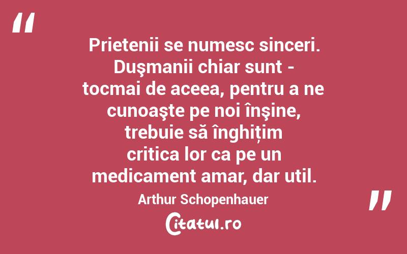 Prietenii se numesc sinceri. Duşmanii chiar sunt - tocmai de aceea, pentru a ne cunoaşte pe noi înşine, trebuie să înghiţim critica lor ca pe un medicament amar, dar util. Arthur Schopenhauer
