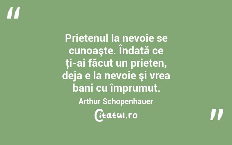 Prietenul la nevoie se cunoaşte. Îndată ce ţi-ai făcut un prieten, deja e la nevoie şi vrea bani cu împrumut. Arthur Schopenhauer
