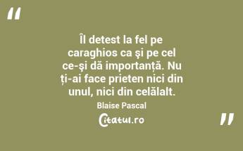 Îl detest la fel pe caraghios ca şi pe cel ce-şi dă importanţă. Nu ţi-ai face prieten nici din unul, nici din celălalt. Blaise Pascal...