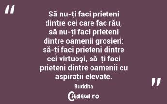Să nu-ţi faci prieteni dintre cei care fac rău, să nu-ţi faci prieteni dintre oamenii grosieri: să-ţi faci prieteni dintre cei virtuoşi, să-ţi faci prieteni dintre oamenii cu aspiraţii elevate. Buddha...