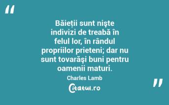 Băieţii sunt nişte indivizi de treabă în felul lor, în rândul propriilor prieteni; dar nu sunt tovarăşi buni pentru oamenii maturi. Charles Lamb...