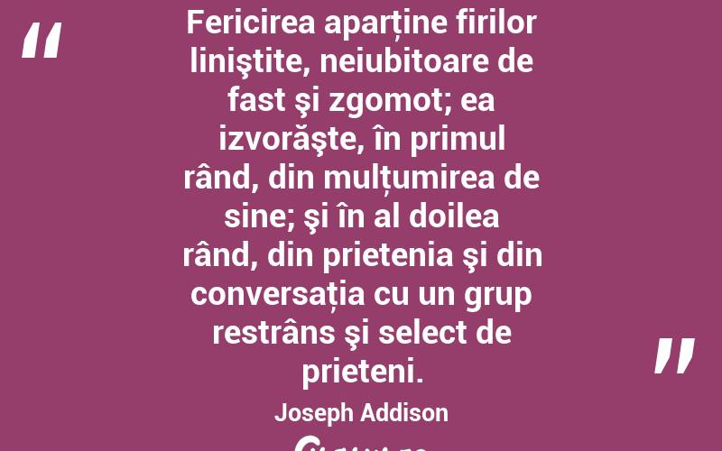 Fericirea aparţine firilor liniştite, neiubitoare de fast şi zgomot; ea izvorăşte, în primul rând, din mulţumirea de sine; şi în al doilea rând, din prietenia şi din conversaţia cu un grup restrâns şi select de prieteni. Joseph Addison
