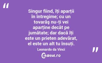 Singur fiind, îţi aparţii în întregime; cu un tovarăş nu-ţi vei aparţine decât pe jumătate; dar dacă îţi este un prieten adevărat, el este un alt tu însuţi. Leonardo da Vinci...