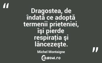 Dragostea, de îndată ce adoptă termenii prieteniei, îşi pierde respiraţia şi lâncezeşte. Michel Montaigne...