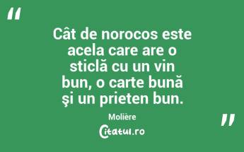 Cât de norocos este acela care are o sticlă cu un vin bun, o carte bună şi un prieten bun. Molière...