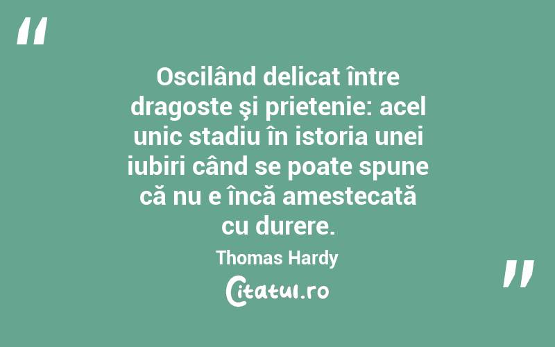Oscilând delicat între dragoste şi prietenie: acel unic stadiu în istoria unei iubiri când se poate spune că nu e încă amestecată cu durere. Thomas Hardy
