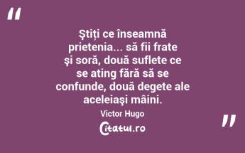  Ştiţi ce înseamnă prietenia... să fii frate şi soră, două suflete ce se ating fără să se confunde, două degete ale aceleiaşi mâini. Victor Hugo...