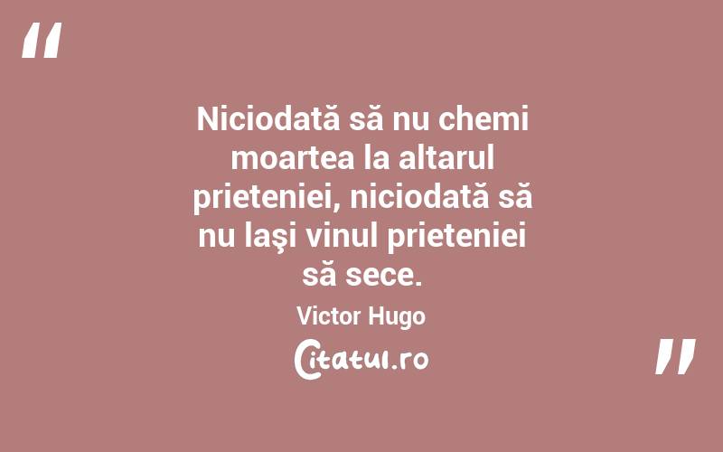 Niciodată să nu chemi moartea la altarul prieteniei, niciodată să nu laşi vinul prieteniei să sece. Victor Hugo
