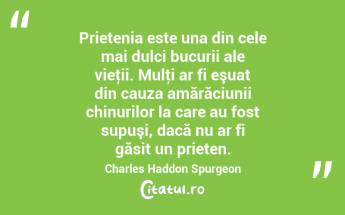 Prietenia este una din cele mai dulci bucurii ale vieţii. Mulţi ar fi eşuat din cauza amărăciunii chinurilor la care au fost supuşi, dacă nu ar fi găsit un prieten. Charles Haddon Spurgeon...