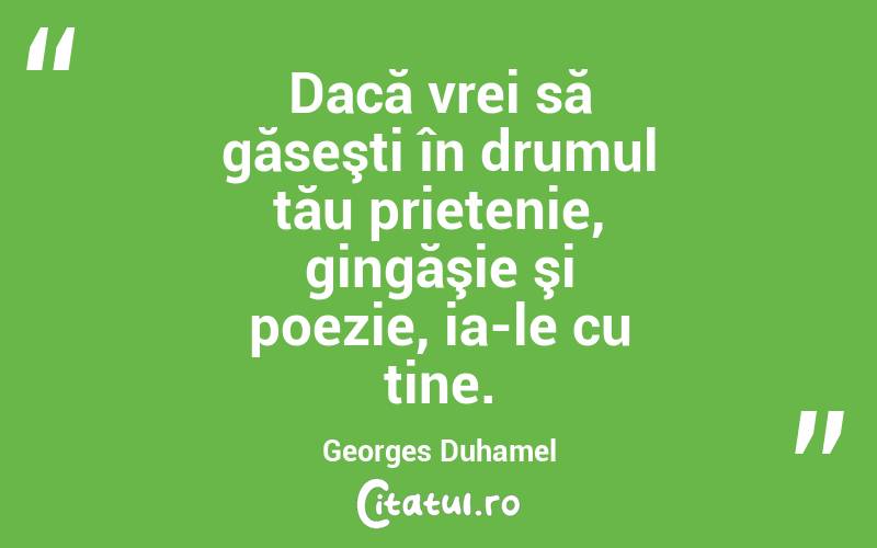 Dacă vrei să găseşti în drumul tău prietenie, gingăşie şi poezie, ia-le cu tine. Georges Duhamel
