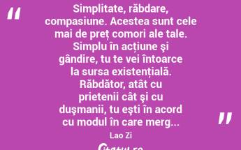Simplitate, răbdare, compasiune. Acestea sunt cele mai de preţ comori ale tale. Simplu în acţiune şi gândire, tu te vei întoarce la sursa existenţială. Răbdător, atât cu prietenii cât şi cu duşmanii, tu eşti în acord cu modul în care merg... Lao Zi...